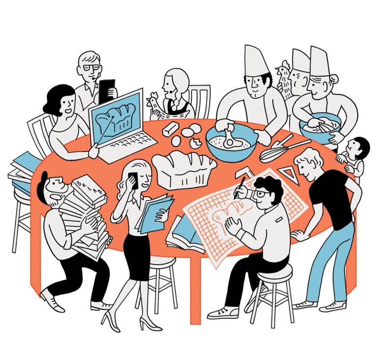Illustration of diverse people working together around an orange table in a shared workspace.