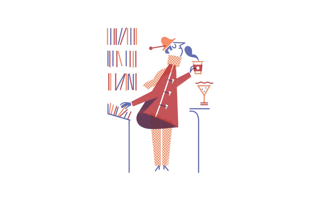 Illustration of a woman juggling books, coffee cup, and cocktail while sitting in a kiosk