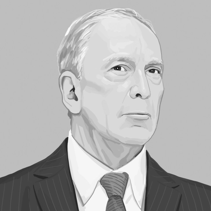 Illustration of Michael Bloomberg, Mayor of New York, wearing a dark suit and tie.