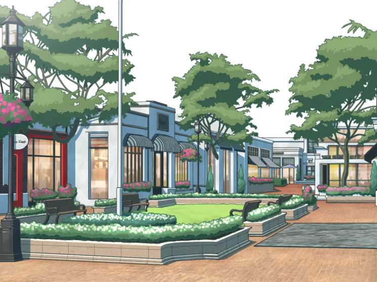 Illustration of Palisades Village shopping precinct in Los Angeles with storefronts, landscaping and pedestrian plaza.