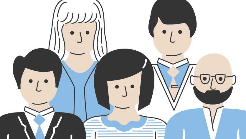 Illustration of five diverse professional staff members in business attire.