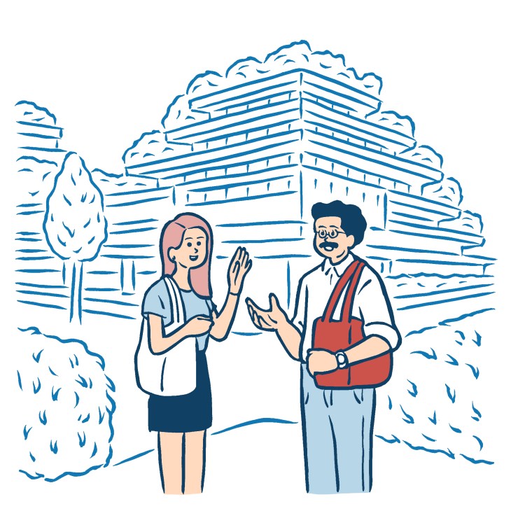 Illustration of two people conversing in front of a modern residential building with landscaping.