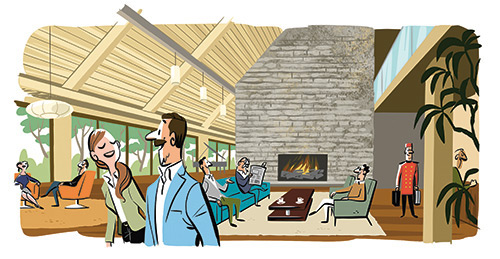 Illustration of a hotel lobby with guests and staff mingling in a bright, welcoming space with seating areas and natural light.