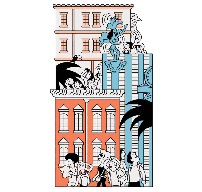 Illustration of a vibrant city street scene with diverse people on sidewalk and building balconies.