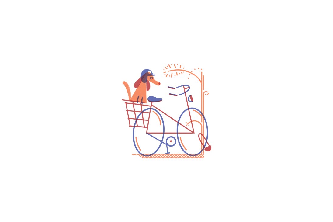 Illustration of a dog sitting in a bicycle basket with a flag, representing urban cycling culture.