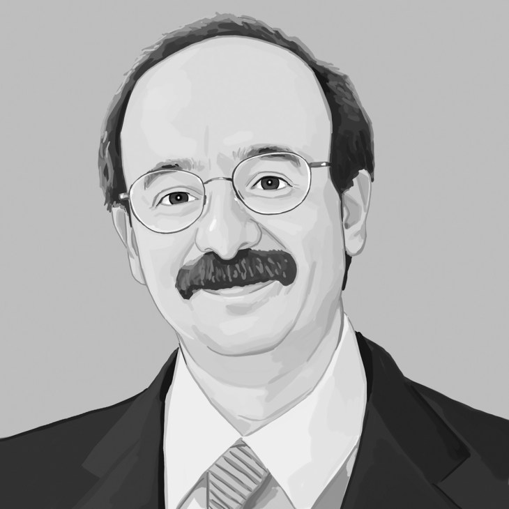 Portrait illustration of Amory Lovins, chief scientist at Rocky Mountain Institute, wearing glasses and a dark suit.