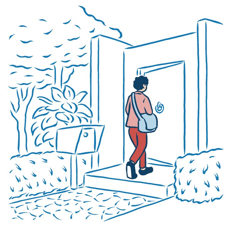 Illustration of a person approaching a home entrance surrounded by plants and greenery.