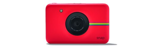 Polaroid Snap instant camera in bright red with black lens and rainbow stripe detail.