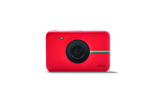 Polaroid Snap instant camera in bright red with black lens and rainbow stripe detail.
