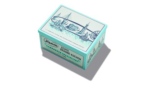 Kemm biscuit tin with turquoise and white design featuring Hamburg architecture