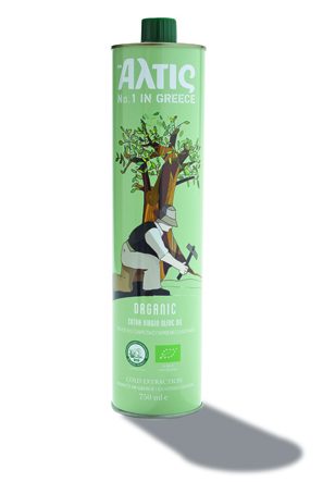 Green bottle of Altis organic olive oil from Greece with illustrated label showing a person and olive tree.