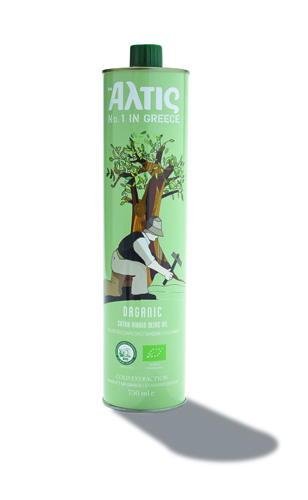 Green bottle of Altis organic olive oil from Greece with illustrated label showing a person and olive tree.