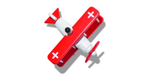 Red and white wooden toy plane with Swiss flag emblem.