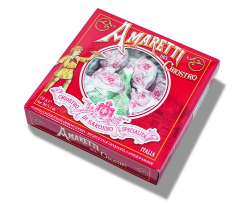 A red Amaretti box filled with traditional crunchy Italian biscuits.