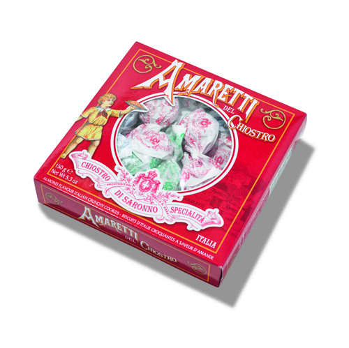 A red Amaretti box filled with traditional crunchy Italian biscuits.