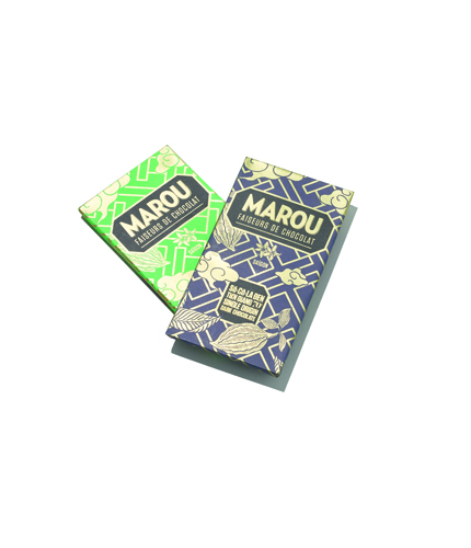 Two Marou artisan chocolate bars with green and dark blue packaging featuring gold lettering.