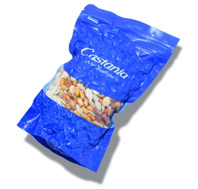 Blue bag of roasted nuts from Lebanon with visible contents through clear window panel.