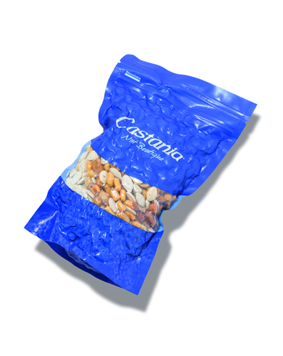 Blue bag of roasted nuts from Lebanon with visible contents through clear window panel.