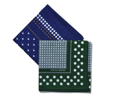 Three folded handkerchiefs with white dot patterns on navy, gray, and dark green backgrounds.