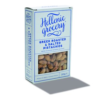 A box of Altis organic olive oil from Greece featuring roasted and salted pistachios.