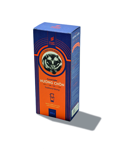 Huong Chon traditional coffee blend package with blue and orange packaging and tiger emblem.