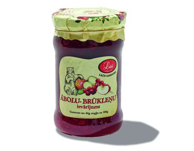 Jar of apple and lingonberry jam with green label from Latvia.