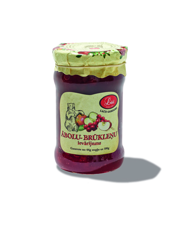 Jar of apple and lingonberry jam with green label from Latvia.