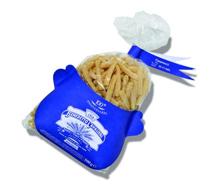 Package of casarecci pasta made in Otranto, Puglia, Italy, with blue branding and twist-tie closure.