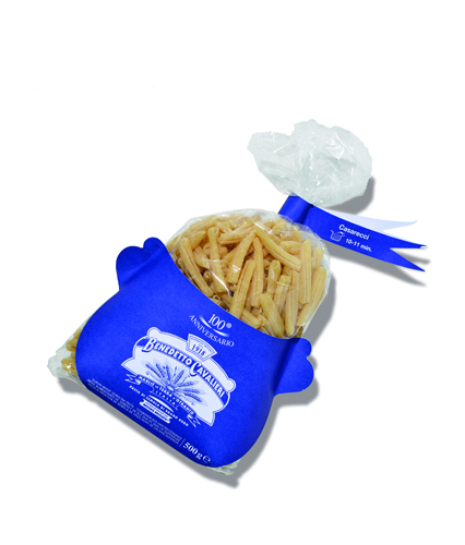 Package of casarecci pasta made in Otranto, Puglia, Italy, with blue branding and twist-tie closure.