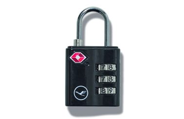 Black Lufthansa combination padlock with three rotating number dials.