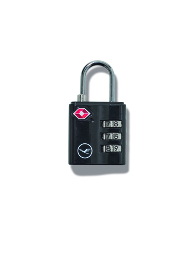 Black Lufthansa combination padlock with three rotating number dials.
