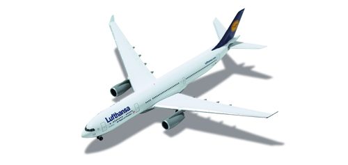 Miniature model Lufthansa airplane with white fuselage and dark blue tail fin.