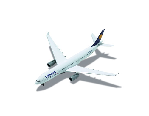 Miniature model Lufthansa airplane with white fuselage and dark blue tail fin.