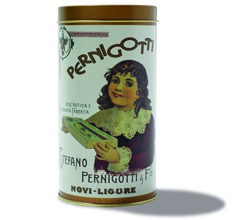 Vintage Pernigotti chocolate tin with illustrated woman holding chocolate wafers.
