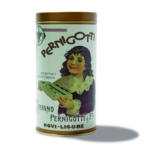 Vintage Pernigotti chocolate tin with illustrated woman holding chocolate wafers.
