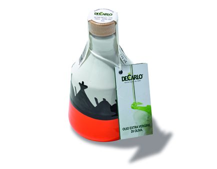 Hand-painted ceramic bottle of olive oil designed to resemble Puglia's conical stone Trulli dwellings.