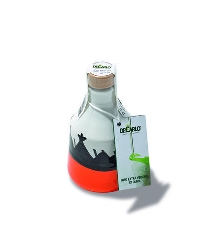 Hand-painted ceramic bottle of olive oil designed to resemble Puglia's conical stone Trulli dwellings.