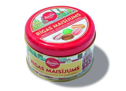 A round tin of old-school boiled sweets against a white background.