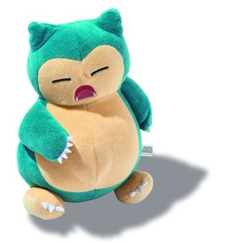 A plush teal and cream-colored Pokémon Snorlax toy with closed eyes and open mouth.