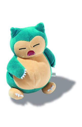 A plush teal and cream-colored Pokémon Snorlax toy with closed eyes and open mouth.