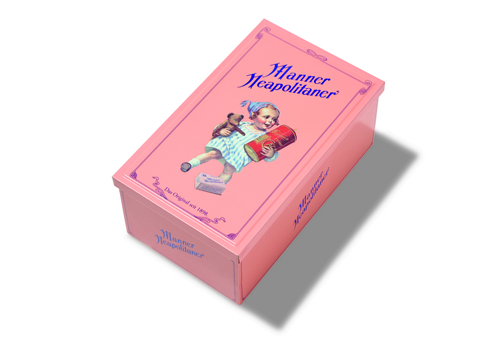 Pink retro tin box of Manner chocolate wafers, a Viennese biscuit maker's signature product.