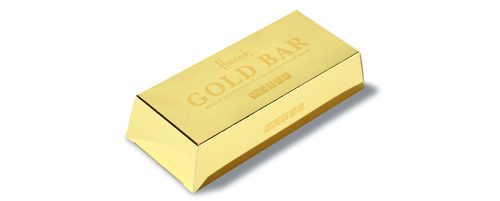 A gold-coloured rectangular bar with embossed text reading 'GOLD BAR'.