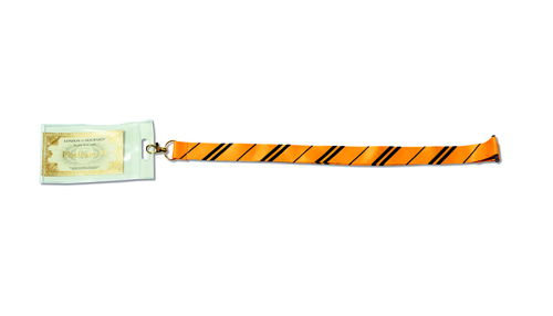 Hogwarts-themed lanyard with orange and black striped pattern and attached credential holder.