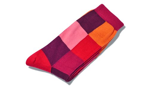 Paul Smith colorblock socks in red, pink, purple and orange stripes.