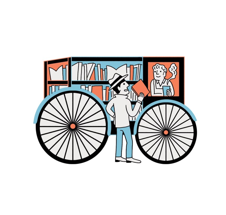 Illustration of a person holding a book on a cargo bike with shelving displaying books in the background.