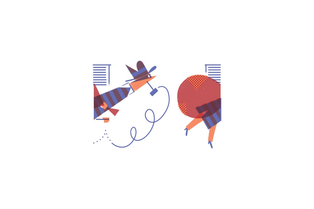 Illustration of two stylized figures among city buildings with curved lines connecting them.