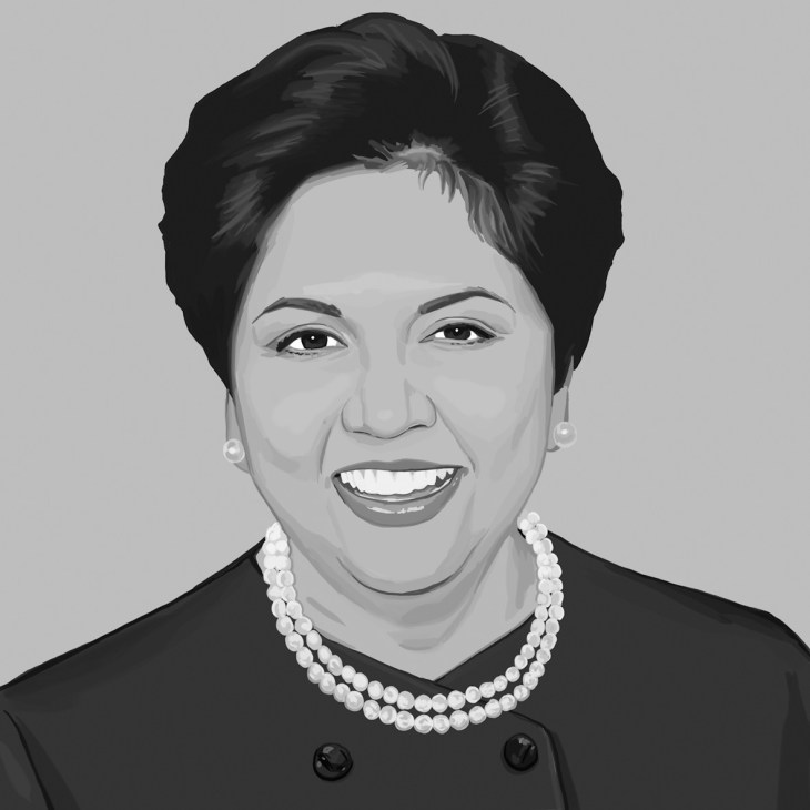 Black and white illustration of Indra Nooyi, CEO of PepsiCo, wearing a pearl necklace and dark blazer.