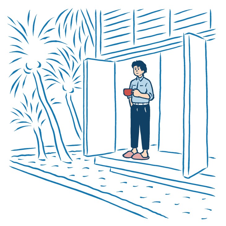 Illustration of a person standing in a bright interior space with plants visible outside, demonstrating views out and in.