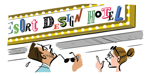 Illustration of two people looking up at a colorful retro hotel sign with light bulbs.