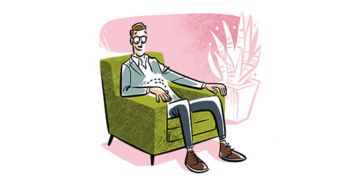 Illustrated man sitting in green armchair with pink background and decorative plant.